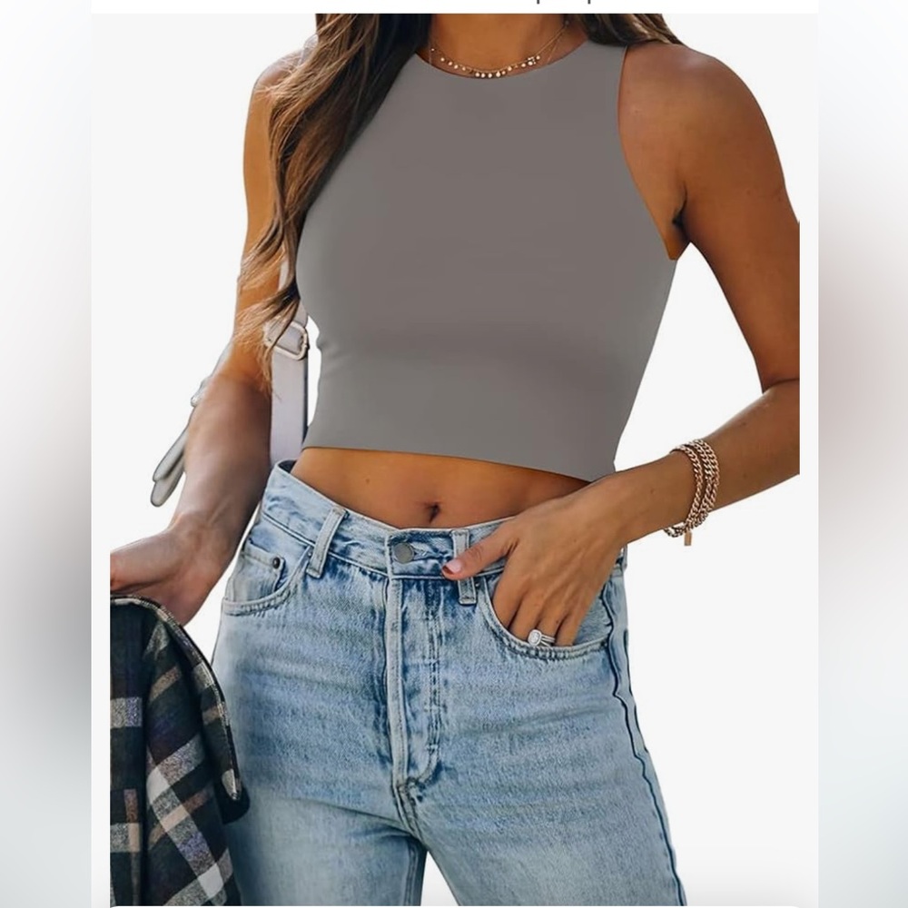 Reoria High Neck Cropped Tank Top Gray Sz Small